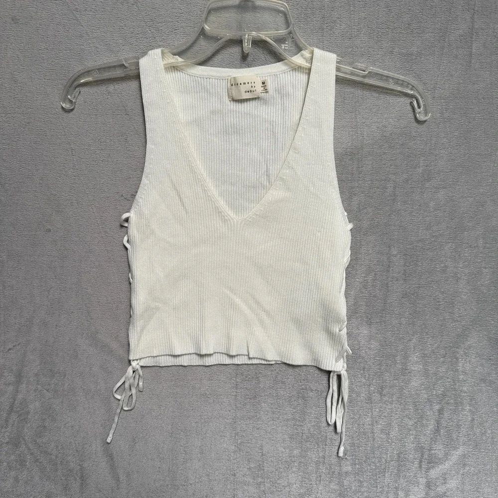 Dreamers By Debut Sweater Vest Womens Medium White‎ Ribbed Knit Lace Up Side
